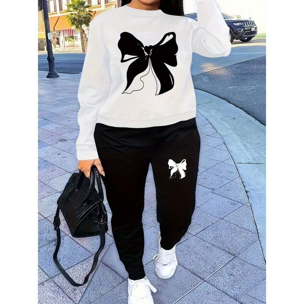Women'S Casual Letter Print Sweatshirt and Jogger Set - White Crew Neck Pullover with Black Bow Design, Cozy Fall/Winter Outfit, Ladies Sweaters