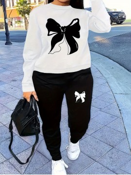 Women'S Casual Letter Print Sweatshirt and Jogger Set - White Crew Neck Pullover with Black Bow Design, Cozy Fall/Winter Outfit, Ladies Sweaters