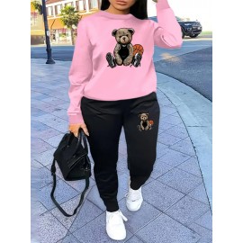 Women'S Casual Sports Fashion Bear Basketball Pattern Crew Neck Sweatshirt Set with Knit Fabric, 100% Polyester Material, Fall/Winter Season, Slight Stretch Fabric, Solid Color Pants - Athletic Loungewear Outfits