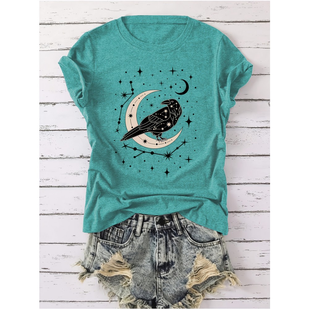 Women'S Vintage Gothic T-Shirt - Soft Pink Pastel Tee with Crow & Crescent Moon Graphic - Everyday & Special Occasion Top - Sizes S-XXL - Casual Gothic Apparel for Women, Goth T Shirt, Allseason Clothing, Comfortable Fit Shirt