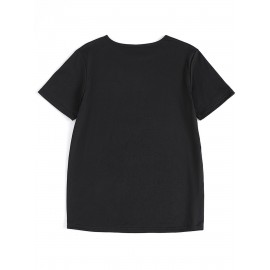 Plus Size, Plus Size Women's V-Neck Short Sleeve T-Shirt - Happy New Year 2026 Fireworks Print Slim-Fit Breathable Top, Black & Golden Sparkling Casual Shirt for Parties, Casual Attire & NYE Celebrations, Machine Washable Spring Summer Fashion