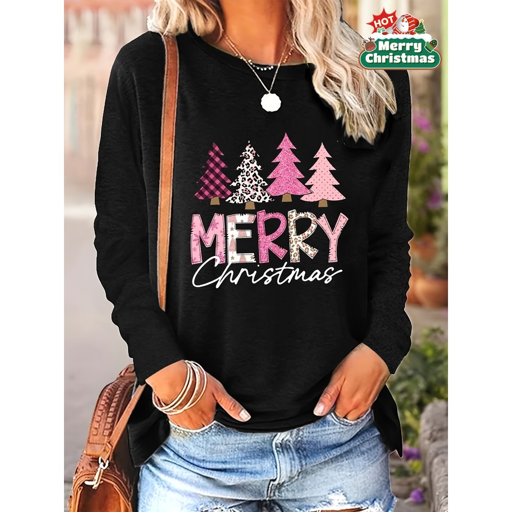 [Christmas Plus Size T-Shirt] Christmas Plus Size Women's Long Sleeve T-Shirt | Black with Pink Merry Christmas Script & Tree Design | Casual Holiday Party Top | Machine Washable Everyday Winter Outfit Essential