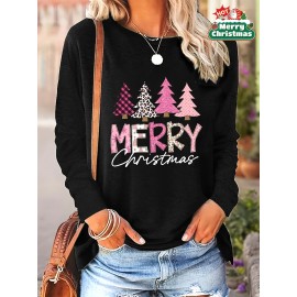 [Christmas Plus Size T-Shirt] Christmas Plus Size Women's Long Sleeve T-Shirt | Black with Pink Merry Christmas Script & Tree Design | Casual Holiday Party Top | Machine Washable Everyday Winter Outfit Essential