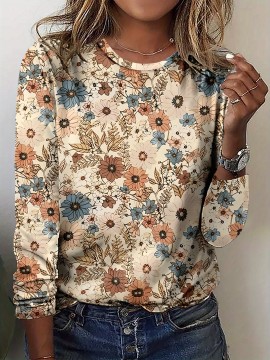 [Elegant Floral Blouse] Plus Size Women's Elegant Long Sleeve Floral T-Shirt | Fall/Winter Tops, Beige/Blue/Brown, Machine Washable, Versatile for Everyday & Formal Outfits - Classic Design, Durable, Professional Blouse