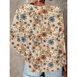 [Elegant Floral Blouse] Plus Size Women's Elegant Long Sleeve Floral T-Shirt | Fall/Winter Tops, Beige/Blue/Brown, Machine Washable, Versatile for Everyday & Formal Outfits - Classic Design, Durable, Professional Blouse