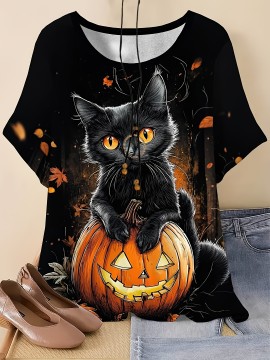 Plus Size, Large Size Women's Halloween Cat T-Shirt - 3D Print Design, Round Neck Short Sleeve Casual Top for Parties, Casual Attire & Gifting | Durable Lightweight Fabric | Stretchy Material