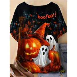 [Women's Halloween T-Shirt] Plus Size - Women's 3D Print Halloween T-Shirt - Spooky Witch & Pumpkin Design, Breathable Short Sleeve Crew Neck, Machine Washable, Soft Fabric, Perfect for Fall & Halloween Celebrations, Halloween Shirts