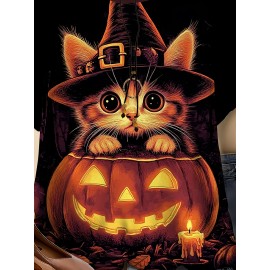 [Halloween] Plus Size, Women's 3D Halloween Cat & Jack-O'-Lantern Print T-Shirt - Cute Kitten in Witch Hat & Pumpkin Design, Soft Round Neck Short Sleeve Top, Machine Washable All-Season Comfort for Fall Parties & Casual Attire (Black)