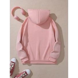 Plus Size Cozy Chic Letter Print Drawstring Hoodie - Soft Warm Fleece Lined Long Sleeve Sweatshirt with Relaxed Fit for Fall & Winter - Women's Comfortable Casual Wear for Everyday