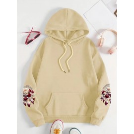 Plus Size - Women'S Plus Size Floral Print Hoodie - Soft, Comfortable Long Sleeve with Pockets, Casual Brown Pullover for All-Season Wear, Casual Wear Hoodie | Floral Print Hoodie | Soft Fabric Hoodie