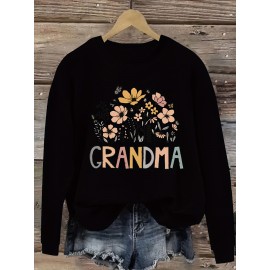 [Polyester Floral Grandma Sweatshirt] Polyester 100% Floral Grandma Graphic Pullover Sweatshirt - Plus Size, Crew Neck, Slight Stretch, Casual Sportswear for Fall/Winter - 260g/m²