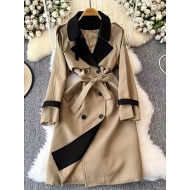 Elegant Beige & Black Color Block Trench Coat with Lapel Collar - Long Sleeve, Mid-Length, Button-Up Outerwear for Women, Perfect for Fall 2025, Stylish Commuter Wear | Chic Lapel Collar | Structured Design