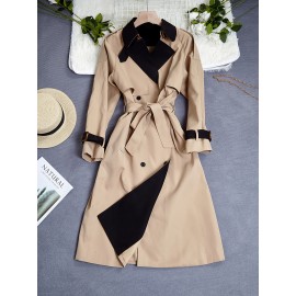 Elegant Beige & Black Color Block Trench Coat with Lapel Collar - Long Sleeve, Mid-Length, Button-Up Outerwear for Women, Perfect for Fall 2025, Stylish Commuter Wear | Chic Lapel Collar | Structured Design