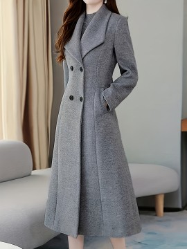 Double Breasted Lapel Longline Jacket, Elegant Long Sleeve Pockets Simple Slim Overcoat For Fall & Winter, Women's Clothing