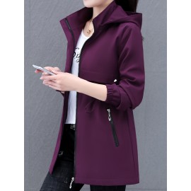 Women's Casual Korean-Inspired Windbreaker Jacket - Mid-Length Adjustable Drawstring Waist, Stand Collar & Zipper Front, Solid Color Spring/Fall Outerwear for Urban Commute & Casual Outings
