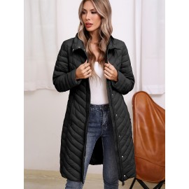 Women'S Lightweight Long Winter Coat - Warm Padded Zipper Front, Elegant Solid Color, Regular Fit Long Sleeve Coat for Daily Casual Comfort & Formal Occasions, Winter Coats, Seasonal Fashion, Sophisticated Style, Cozy Fabric
