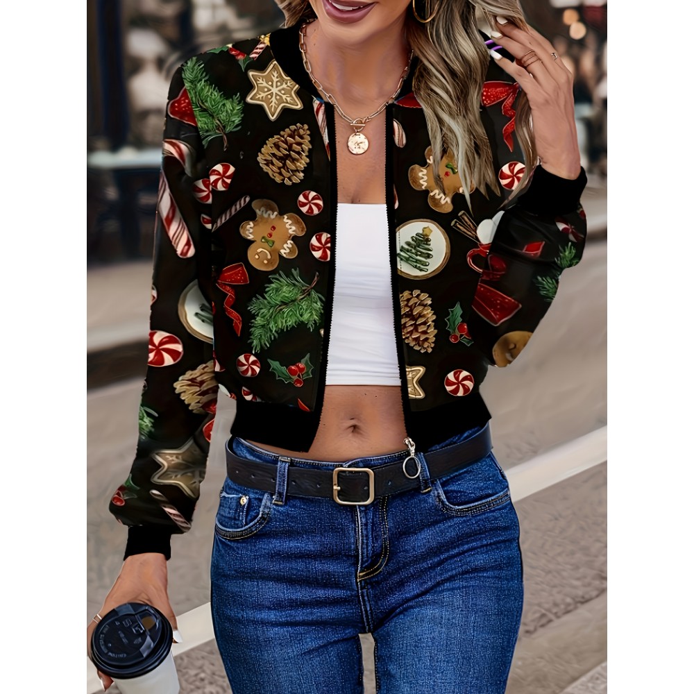[Christmas Women's Jacket] Christmas Women's Polyester Zip-Up Jacket | Long Sleeve Round Neck Casual Coat, Festive Holiday Motifs, Relaxed Fit, Nonstretch Fabric, Durable Material, Hand Wash Only