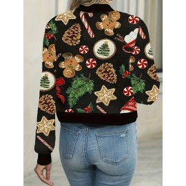 [Christmas Women's Jacket] Christmas Women's Polyester Zip-Up Jacket | Long Sleeve Round Neck Casual Coat, Festive Holiday Motifs, Relaxed Fit, Nonstretch Fabric, Durable Material, Hand Wash Only