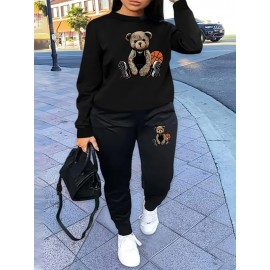 Women'S Casual Sports Fashion Bear Basketball Pattern Crew Neck Sweatshirt Set with Knit Fabric, 100% Polyester Material, Fall/Winter Season, Slight Stretch Fabric, Solid Color Pants - Athletic Loungewear Outfits