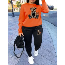 Women'S Casual Sports Fashion Bear Basketball Pattern Crew Neck Sweatshirt Set with Knit Fabric, 100% Polyester Material, Fall/Winter Season, Slight Stretch Fabric, Solid Color Pants - Athletic Loungewear Outfits
