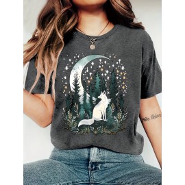 [Bohemian | Soft Stretch] Women's Bohemian T-Shirt | Soft Stretch Round Neck Short Sleeve Top | Fox & Pine Forest Graphic, All-Season Casual, Machine Washable, Multi-Color S-XXL