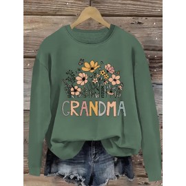 [Polyester Floral Grandma Sweatshirt] Polyester 100% Floral Grandma Graphic Pullover Sweatshirt - Plus Size, Crew Neck, Slight Stretch, Casual Sportswear for Fall/Winter - 260g/m²